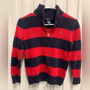 Polo Ralph Lauren Boys M 10-12 Cotton Zip Sweater Stripped Red & Navy